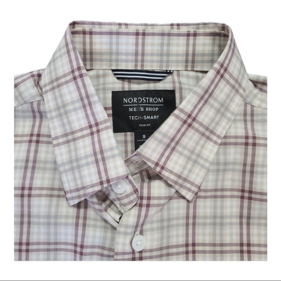 NORDSTROM Tech Smart Trim Fit Button Down Brown Plaid Shirt Size S - Picture 3 of 4